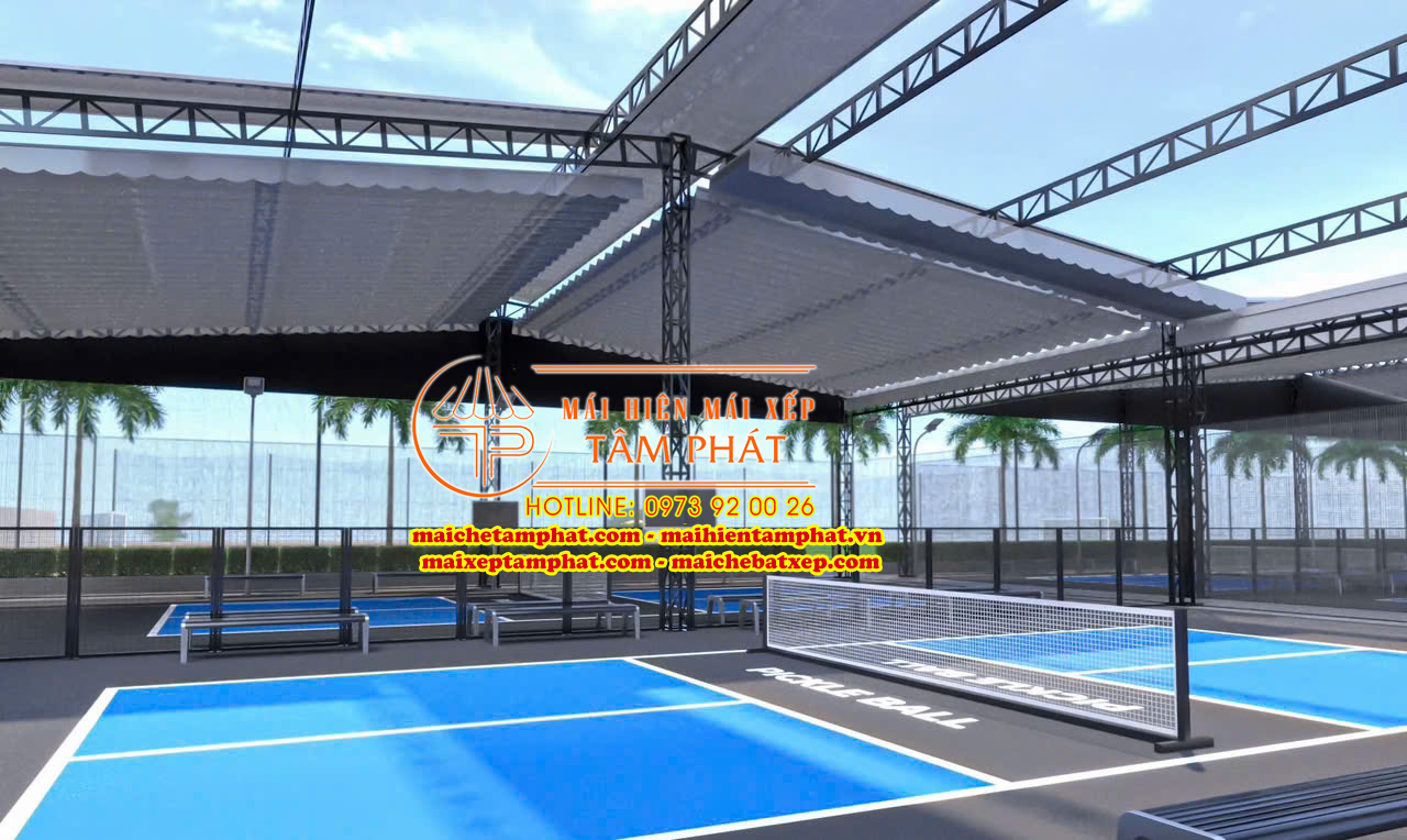 Thay bạt mái che sân Pickleball, bạt tốt, giá rẻ 1 Thi công lắp đặt Mái bạt xếp lượn sóng che sân Pickleball ngoài trời