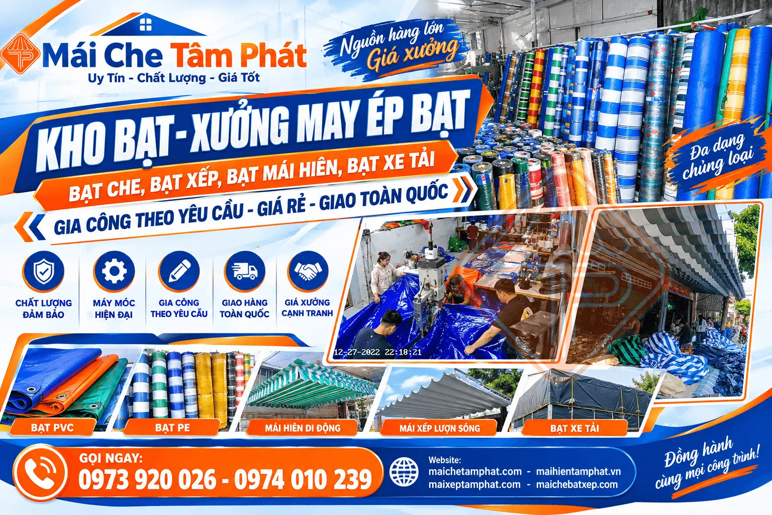 Mái hiên Tâm Phát: Cung Cấp & May ép Bạt Xếp, Bạt Kéo, Bạt Cuốn, Bạt Che Nắng Mưa giá rẻ tại Quảng Ngãi