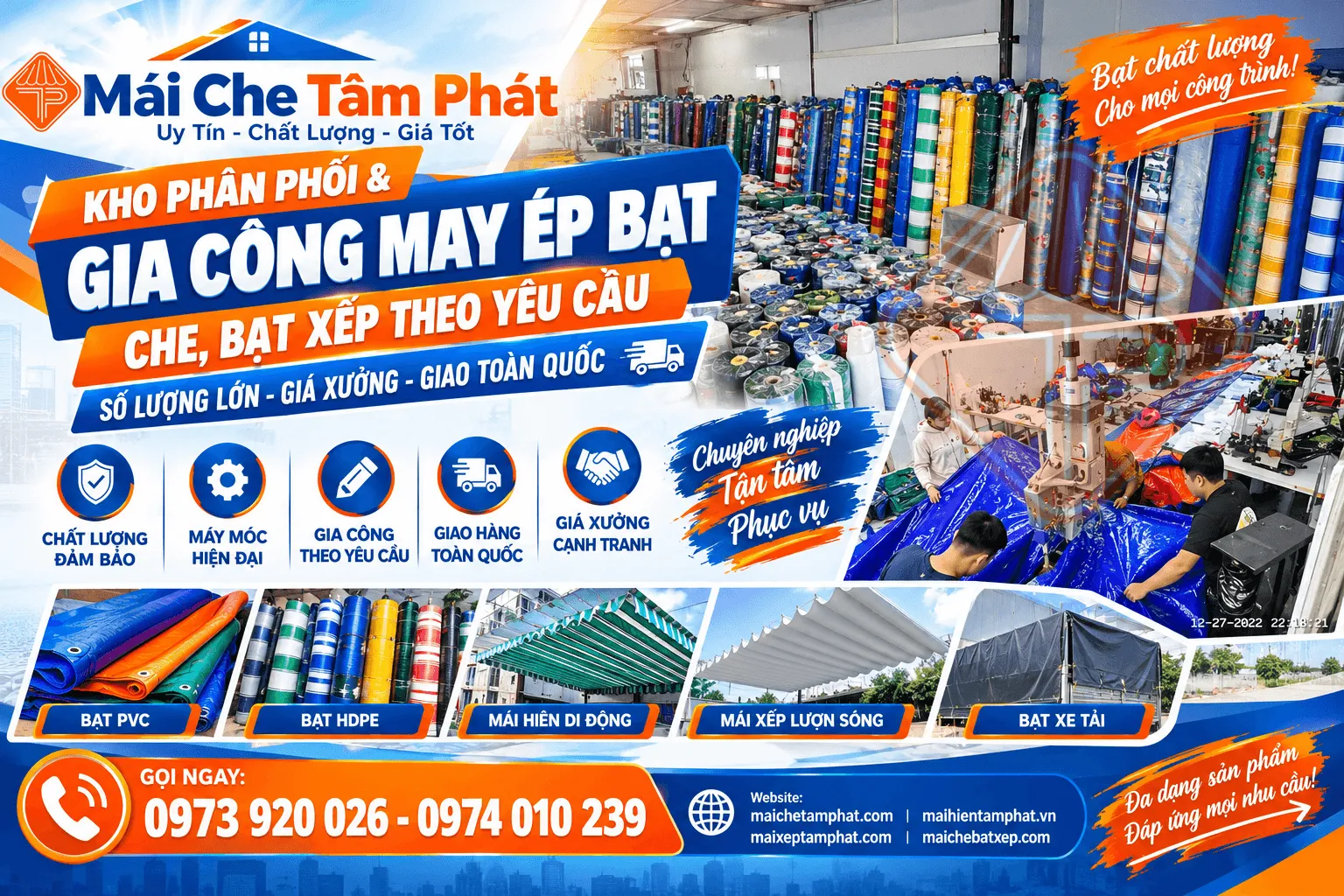 Cung Cấp & Gia Công May Bạt Xếp Long Thành theo yêu cầu giá sỉ cho đại lý, thợ thi công - Mái hiên Tâm Phát